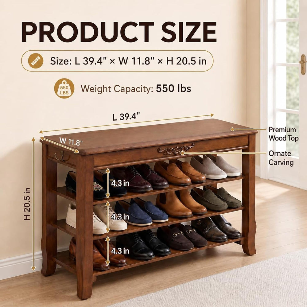 Shoe Rack Bench with Storage 3 Tier Solid Wood Entryway Shoe Rack 39.4"