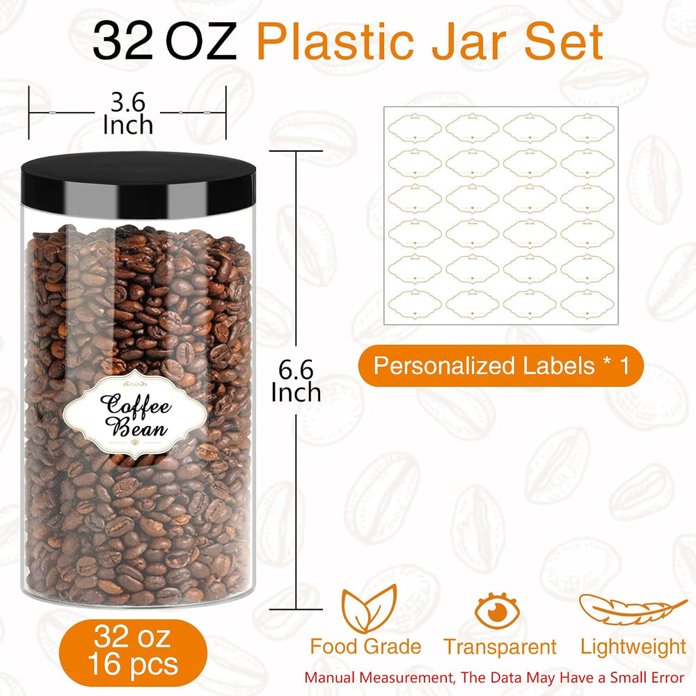 PeacePeo 32 OZ Plastic Jars with Lids, 16 Pcs Food Storage Containers