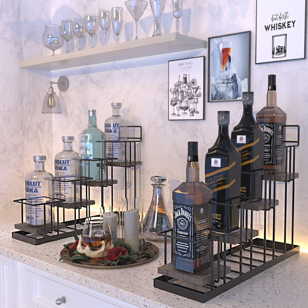 Coffee Syrup Organizer Rack, Rustic Wood and Metal Wire, 4-Tier Display Holde...