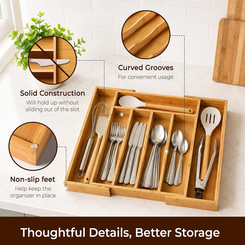 Expandable Bamboo Kitchen Drawer Organizer for Cutlery and Utensils, Adjustab...