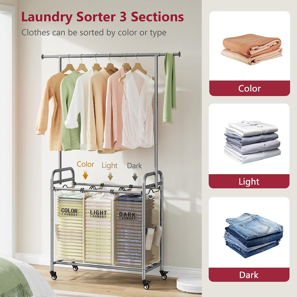 Tajsoon Laundry Hamper with Hanging Rack, Laundry Sorter 3 Section, Beige
