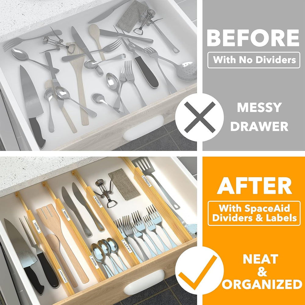 SpaceAid Bamboo Drawer Dividers with Labels, Kitchen Adjustable Drawer Organi...
