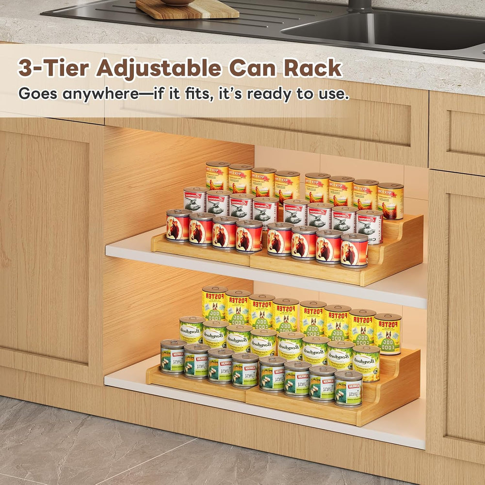 Expandable Bamboo Can Display Organizer for Pantry, 3-Tier Can Storage