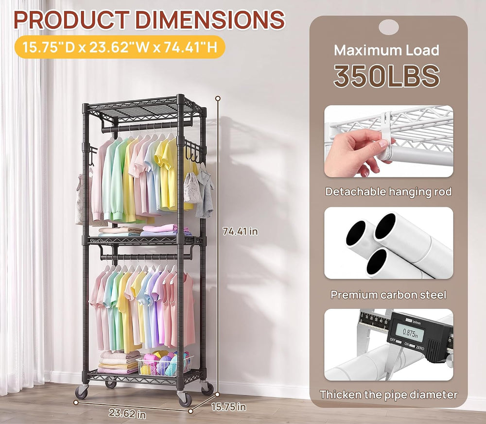 Duty Rolling Rack, 3-Tier Adjustable Clothes Rack with Double Rods, Black