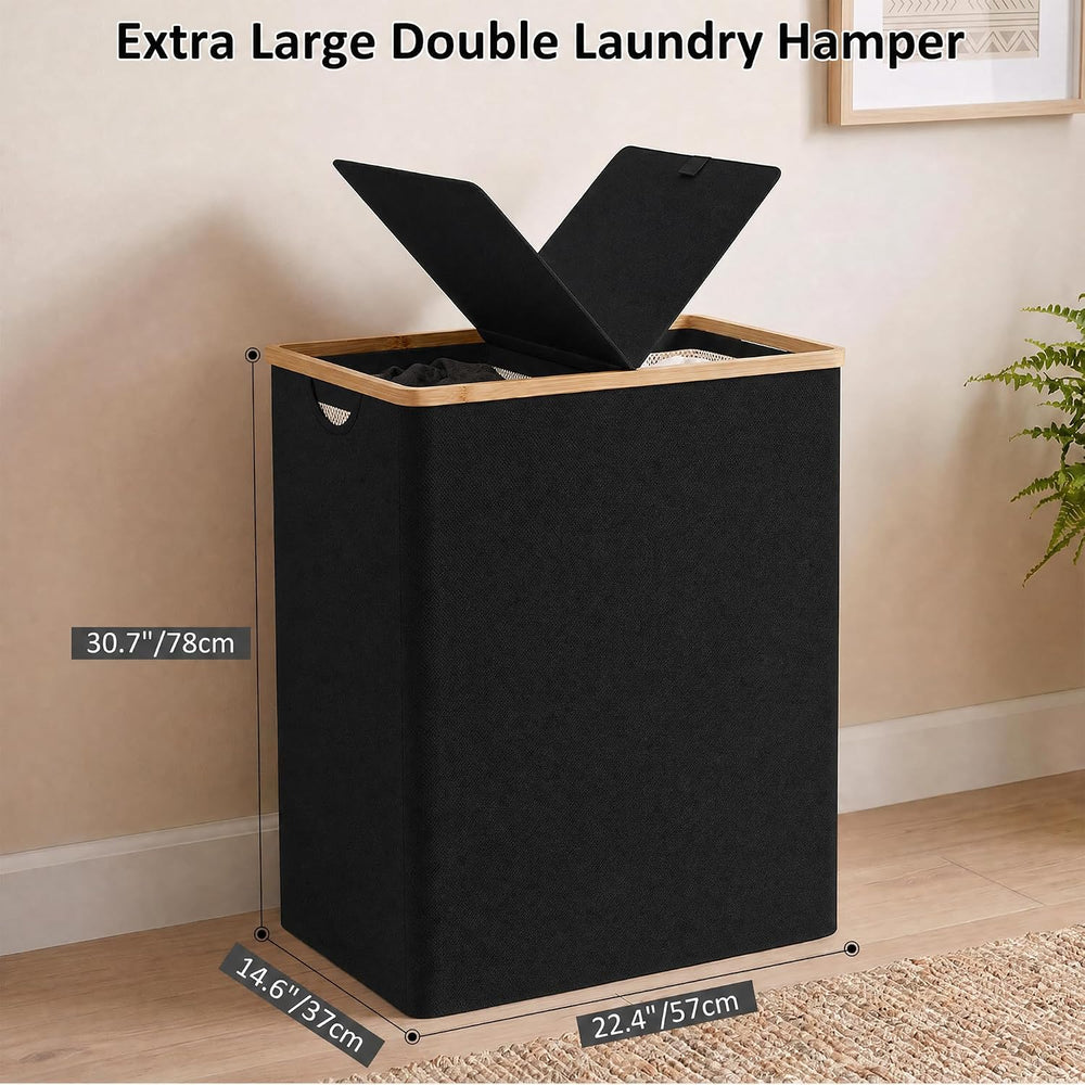 efluky Double Laundry Hamper with Lid and 2 Removable Bags, Black