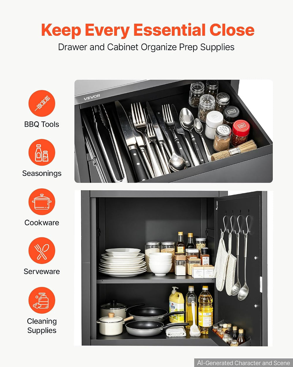 VEVOR Outdoor Kitchen Drawers,23"W x 37"H x 20"D, Cabinet/Tras...