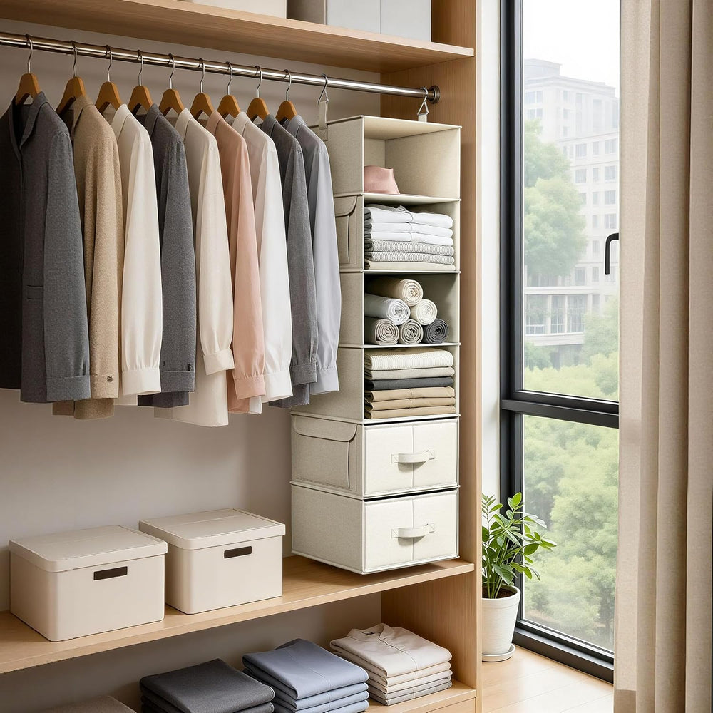 Vailando 6-Shelf Hanging Closet Organizer with 3 Fabric Drawers, Beige