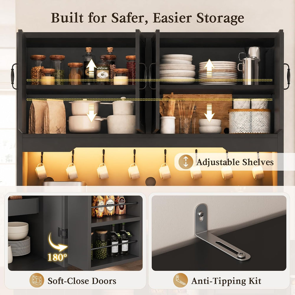 Fluted Kitchen Pantry Cabinet with Charging Station & LED Light, 47"...