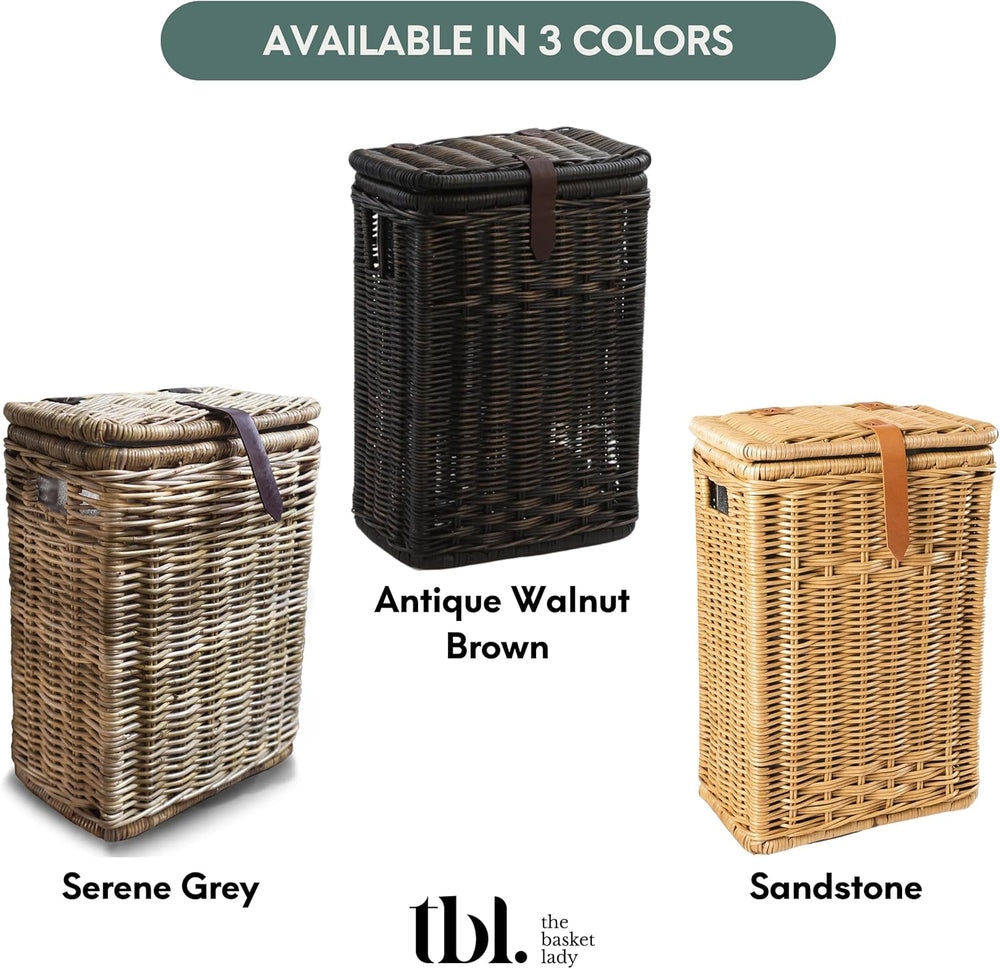 The Basket Lady Wicker Trash Basket with Metal Liner, Serene Grey