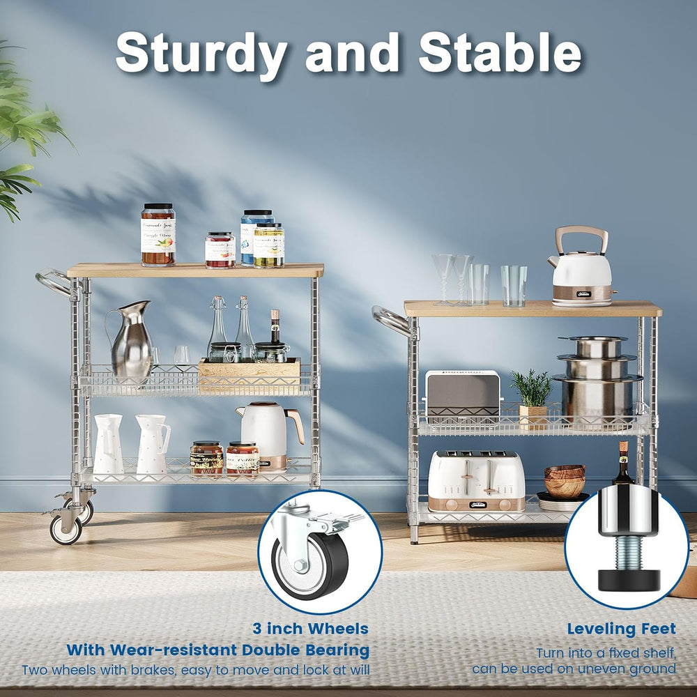 Rolling Kitchen Carts with Wheels, 3-Tier Utility Cart with Wood Tabletop