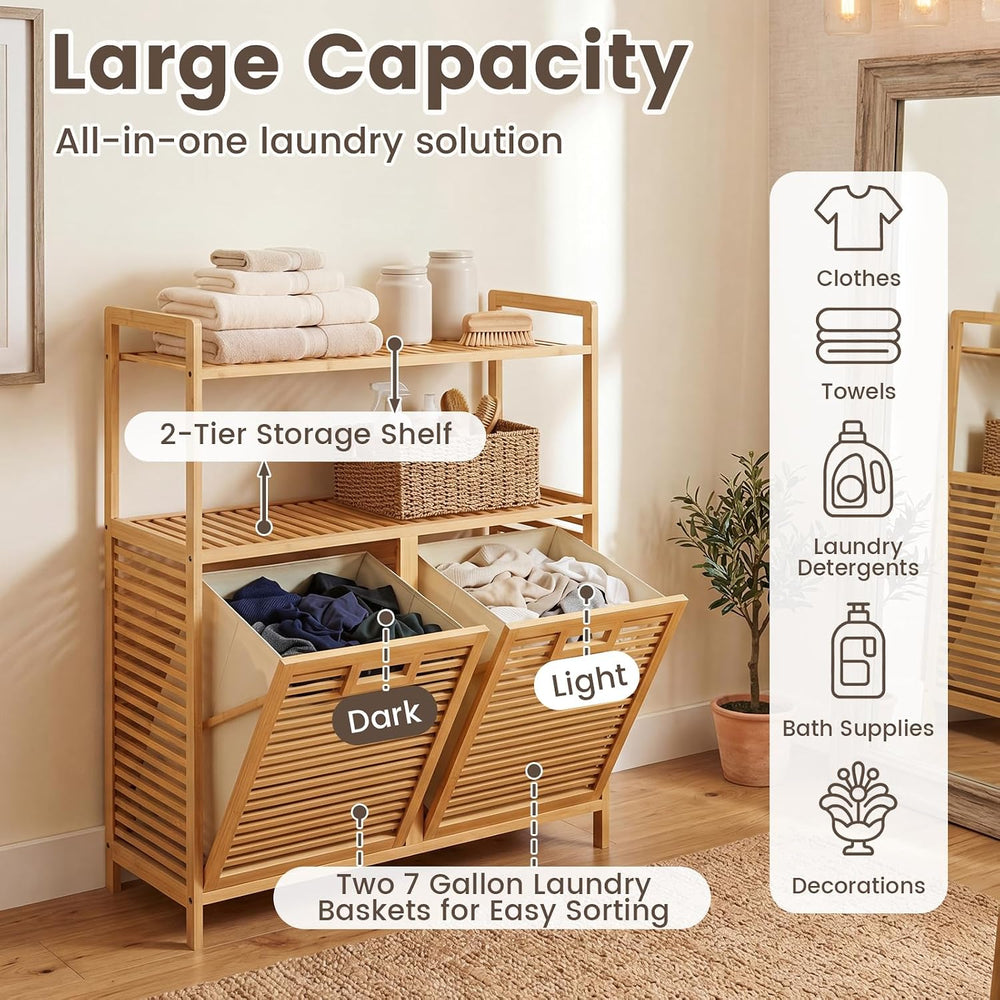 GOFLAME Bamboo Double Tilt Out Laundry Hamper Cabinet with Shelves