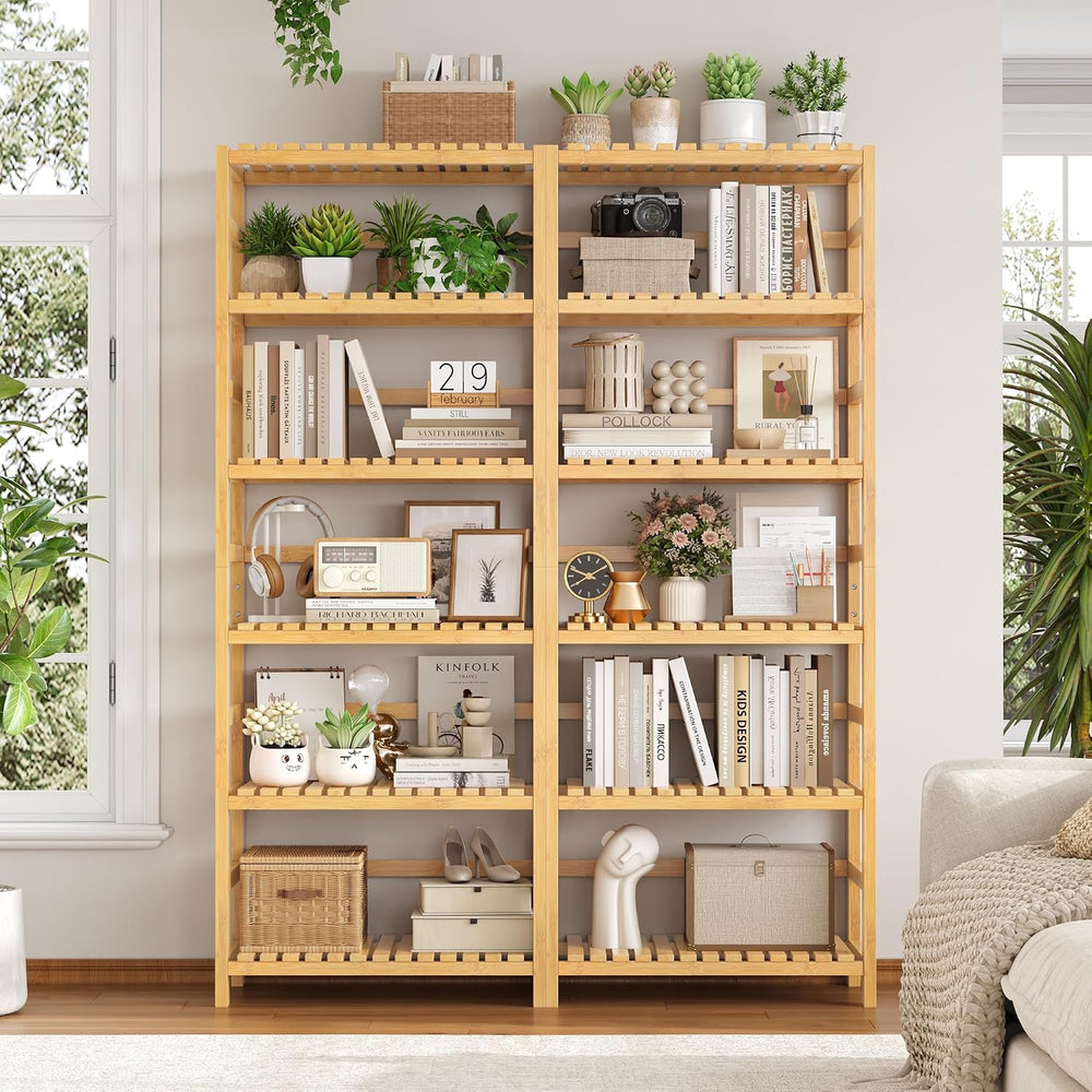 FOTOSOK 6-Tier Bamboo Shelf with Adjustable Shelves, Bamboo Kitchen Cabinet