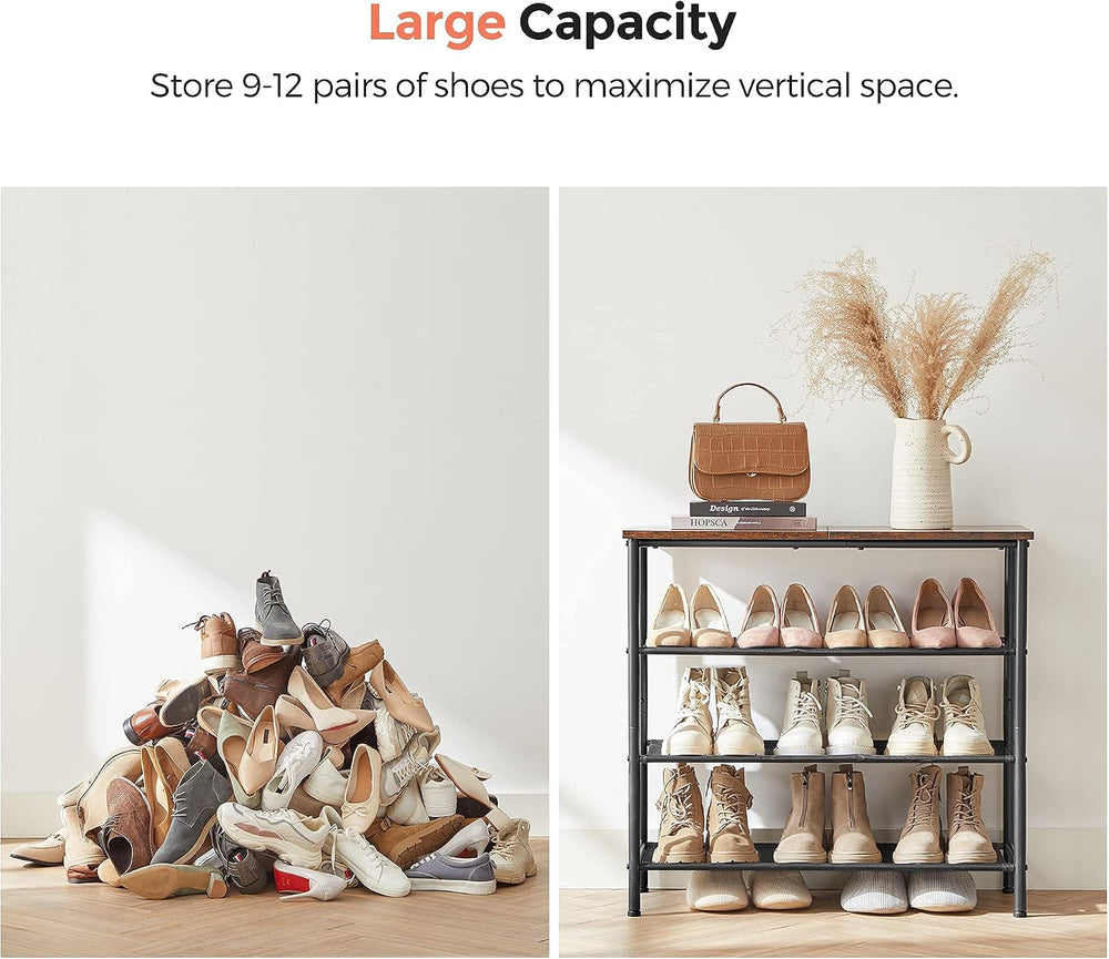 VASAGLE 4-Tier Shoe Rack, 9-12 Pairs, Steel Frame