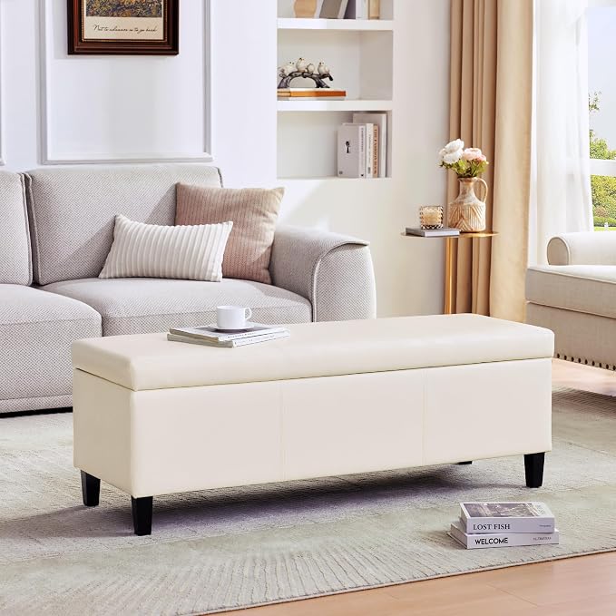 HUIMO Faux Leather Storage Ottoman Bench 50.3 inch Extra Long Upholstered