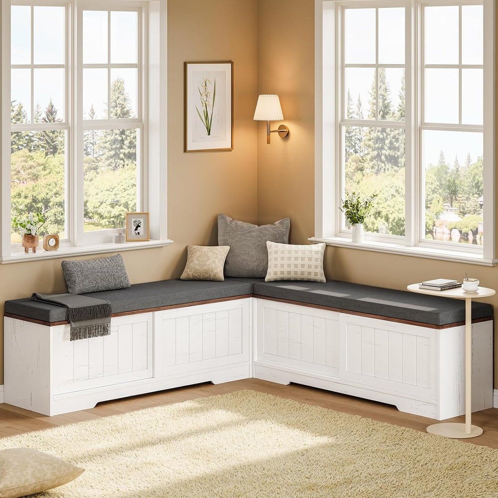UPOSOJA Farmhouse L Shaped Breakfast Nook Bench, Shoe Storage Bench with Cush...