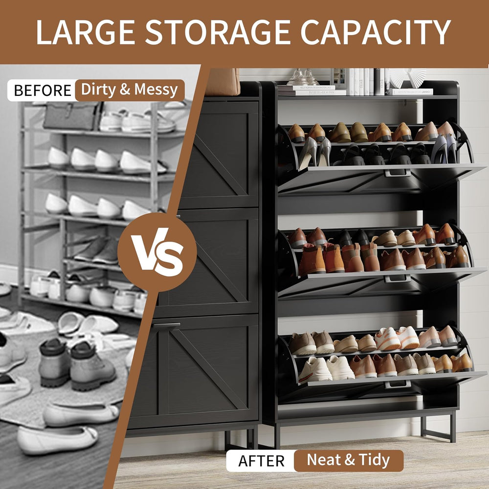 Xixini Shoe Storage Cabinet with 3 Flip Drawers, Entryway Shoe Rack, Black