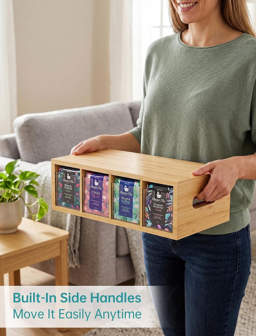 NiHome Bamboo Tea Bag Organizer with 4 Clear Acrylic Drawers and Top Tray