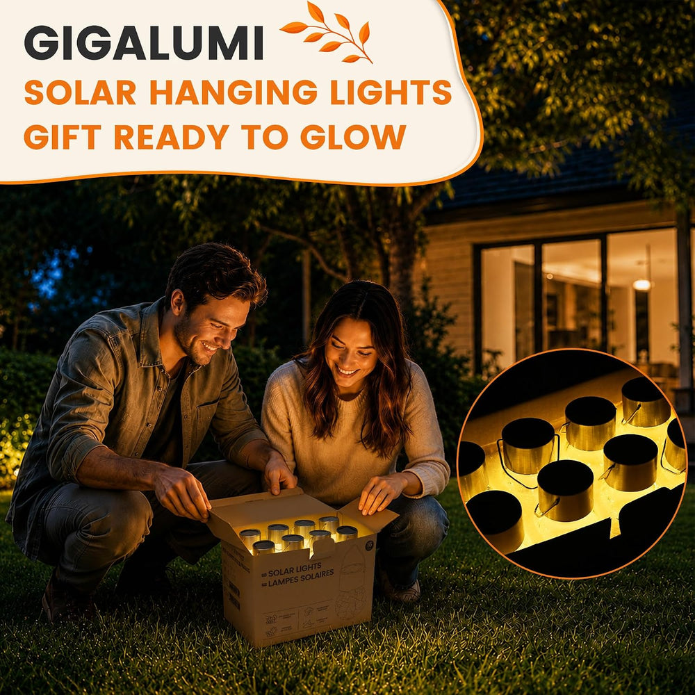 GIGALUMI Solar Lights Outdoor Hanging Lantern Garden Decor for Outside 12Pc