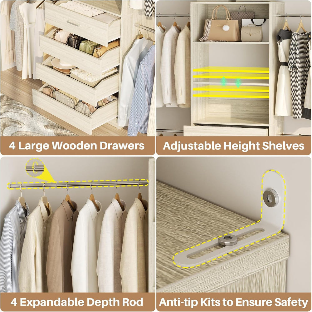 Aheaplus Closet System, Closet Organizer System with 4 Wooden Drawers, 4-9Ft ...