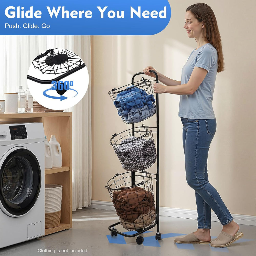 Laundry Basket on Wheels,3 Tier Large Laundry Hampers,10.4 * 13 * 48.4inch Cl...