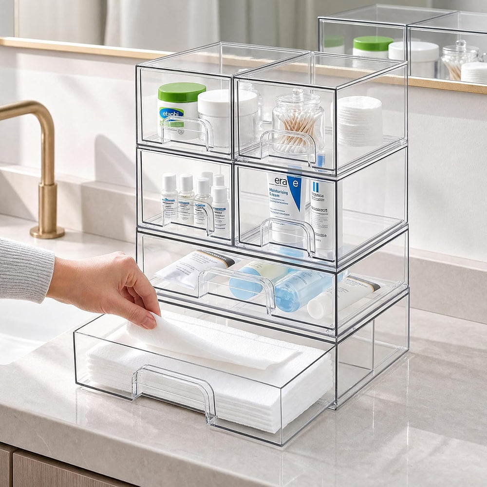 TIPGO Clear Stackable Storage Drawers, Acrylic Bathroom Makeup Organizer, Pla...
