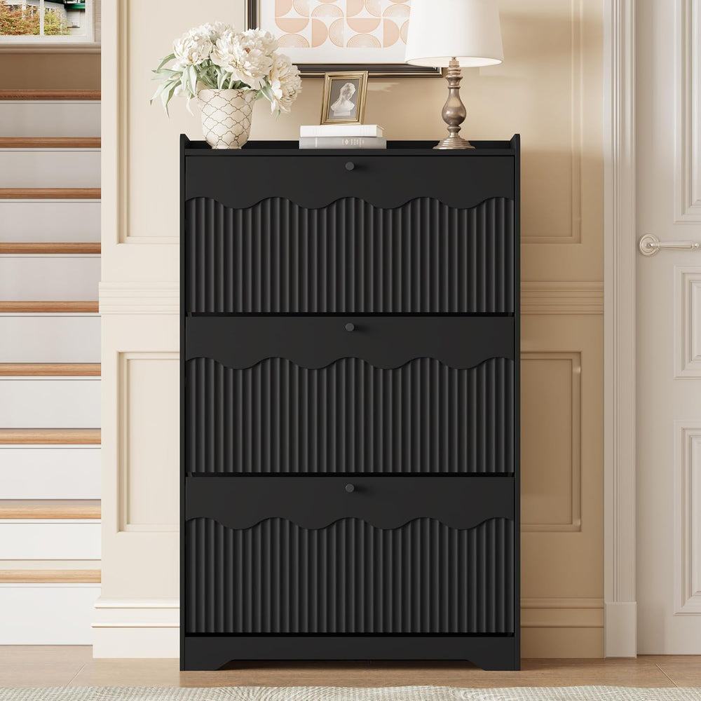 BORNOON Shoe Storage Cabinet with 3 Flip Drawers and Modern Wave-Edge Fluted ...