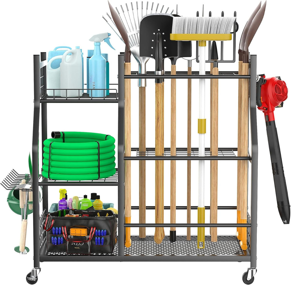 WALMANN Garden Tool Organizer with Wheels, Rakes/Shovels/Yard Tools Stand