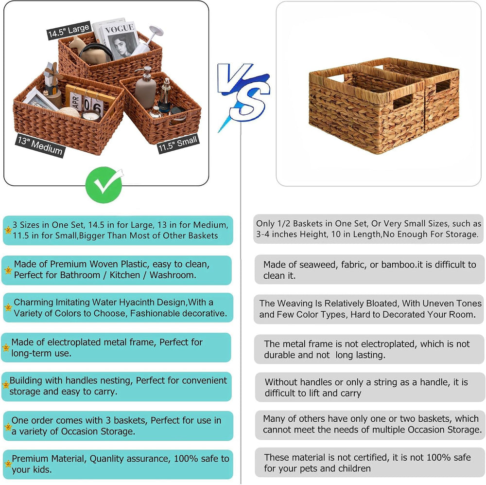 Set of 3 Wicker Storage Baskets, Decorative Baskets With Built-in Handles, Mu...