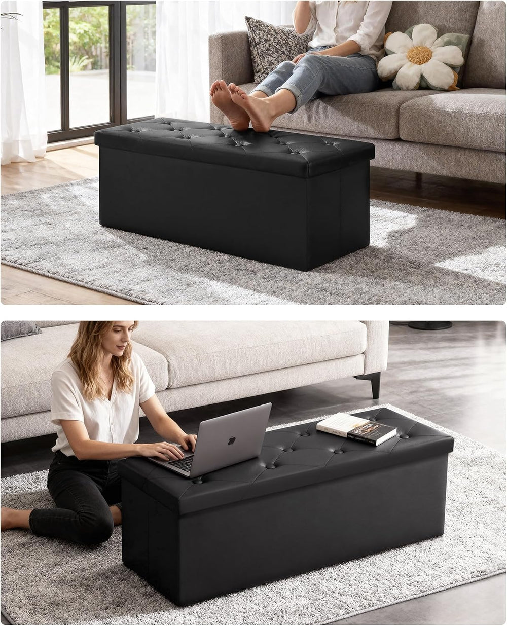 GLAXYFUR 43" Storage Ottoman Bench, Folding Ottoman with 2 Dividers, Black