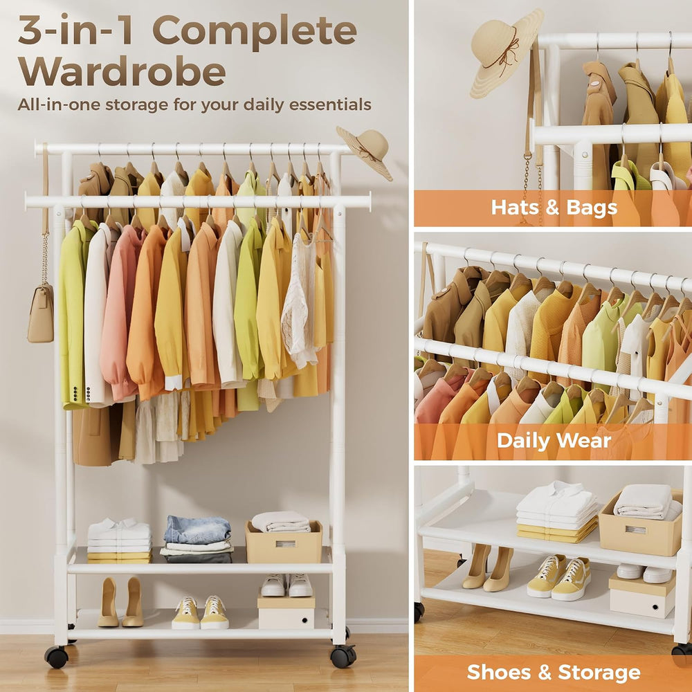 Double Rod Clothing Rack with 2 Shelves, Rolling, White