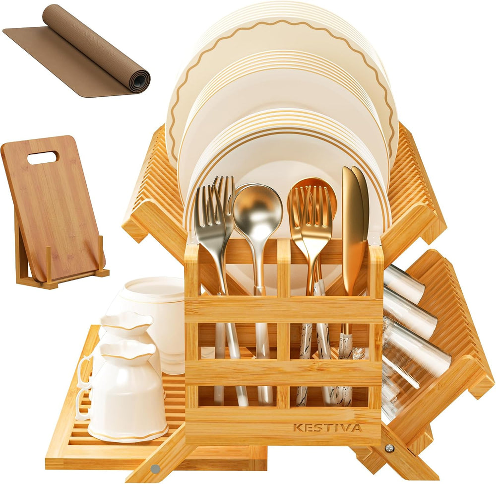 Bamboo Dish Drying Rack with Utensil Holder 3 Tier Dish Drainer