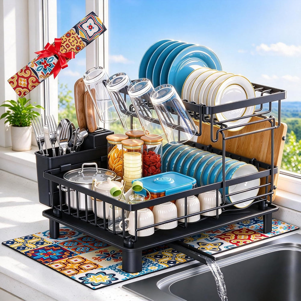 2 Tier Large Detachable Dish Drying Rack for Kitchen Counter,Black