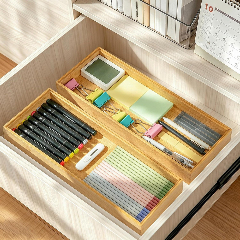 VaeFae Bamboo Drawer Organizer, Silverware Tray for Drawer, 2-Pack