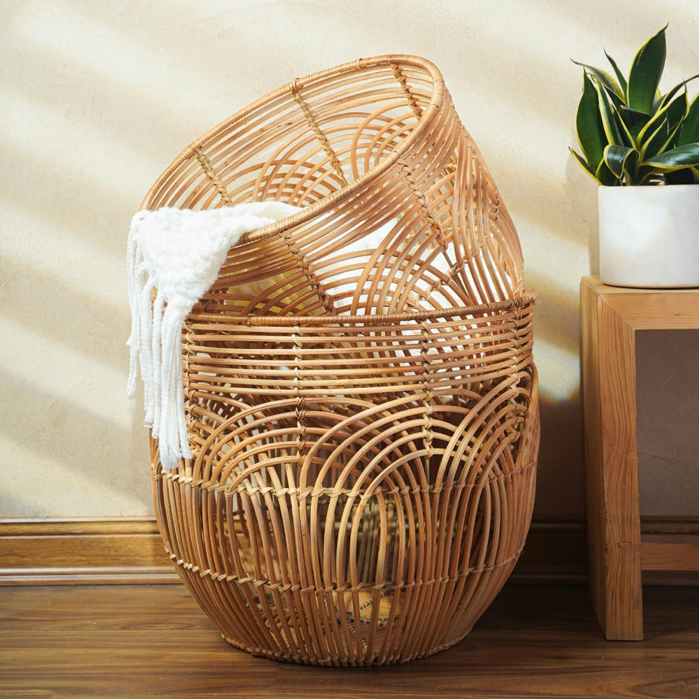 Set Of 2 Large Woven Blanket Baskets | Round Wicker Rattan Storage Floor Bask...