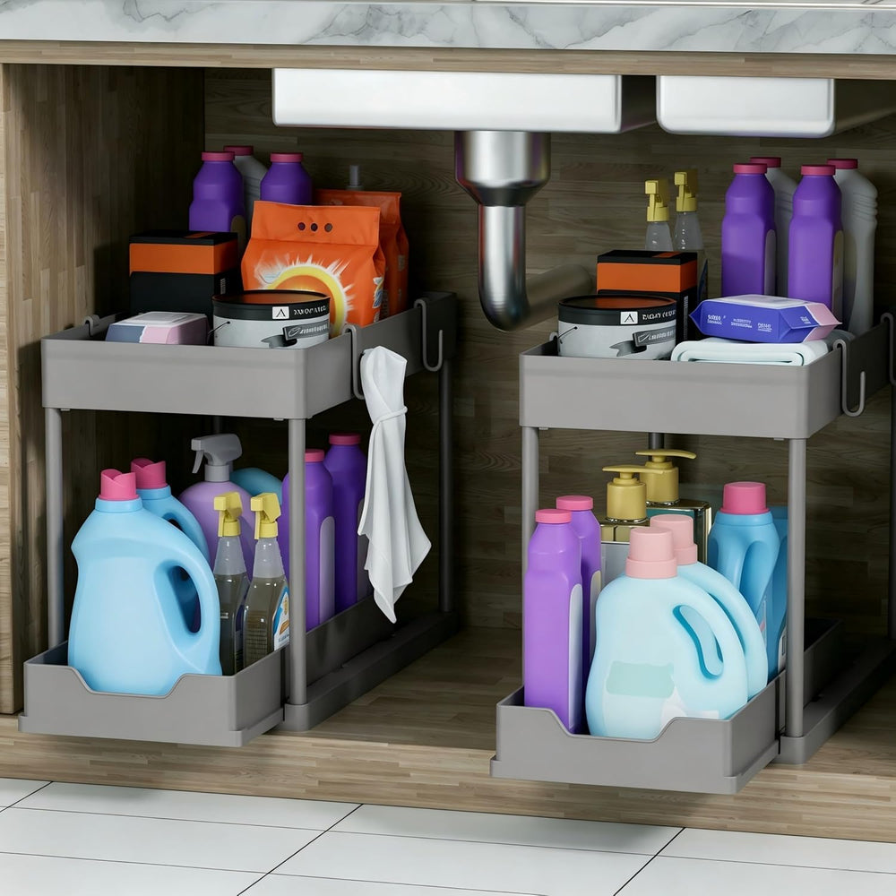 DEKAVA 2 Pack Under Sink Organizer, 2-Tier Sliding Cabinet Basket, Grey