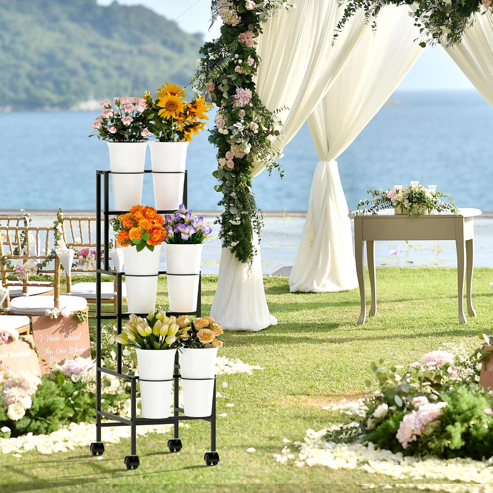 Flower Display Stand with 6 Buckets, Flower Cart with Wheels, 3 Layers Metal ...