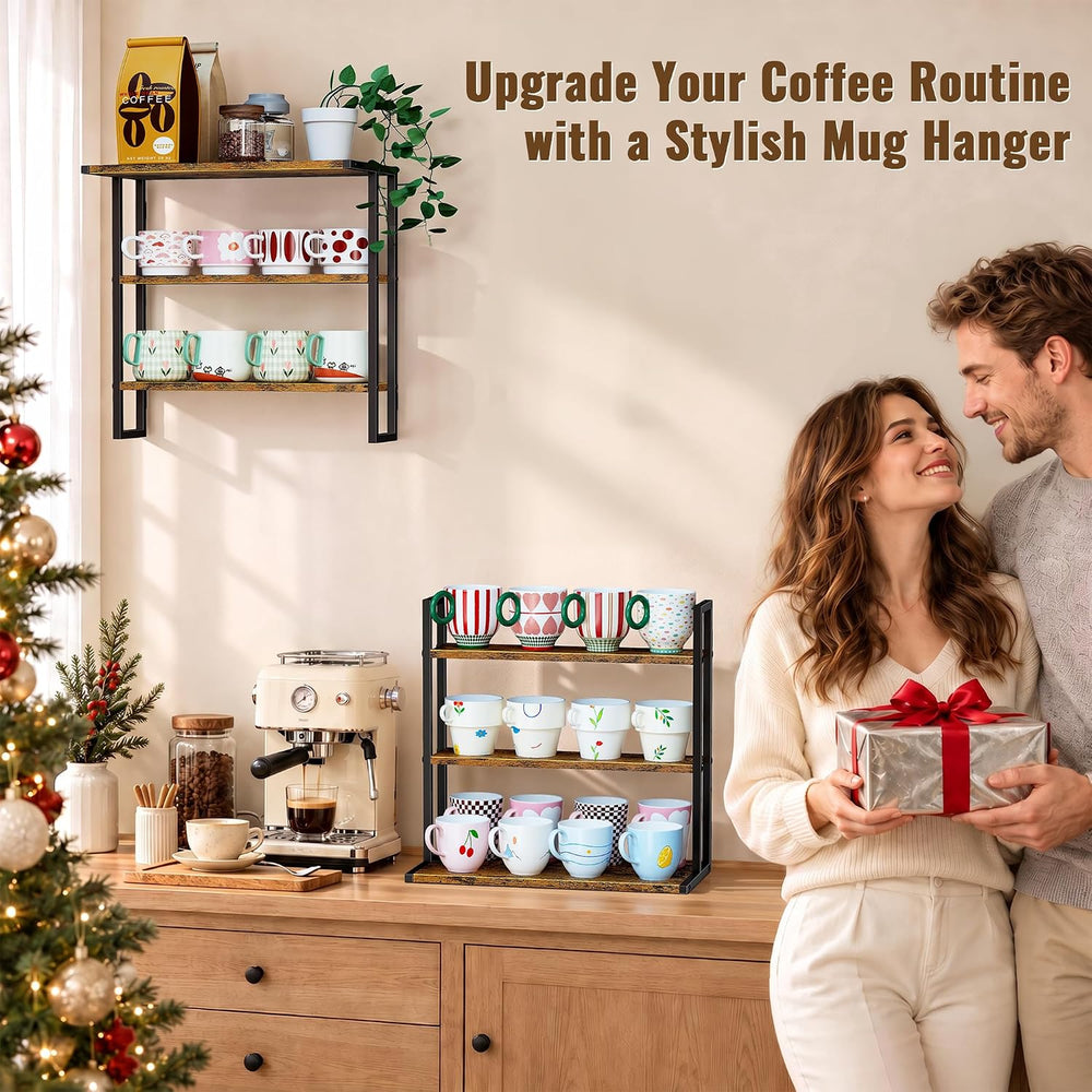 2-in-1 Coffee Cup Holder Wall Mounted, 6-Tier Wood Mug Holder Wall Mount with...