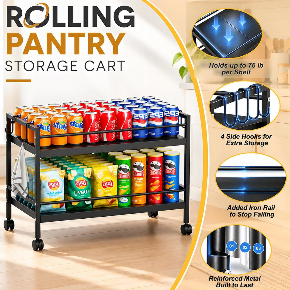 2-Tier Expandable Rolling Pantry Cart, Pantry Floor Organizers and Storage