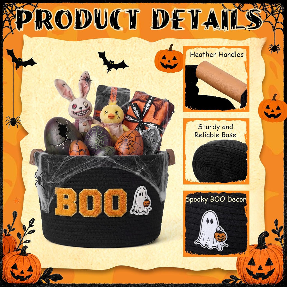 Halloween Woven Rope Basket with Boo Ghost Stickers