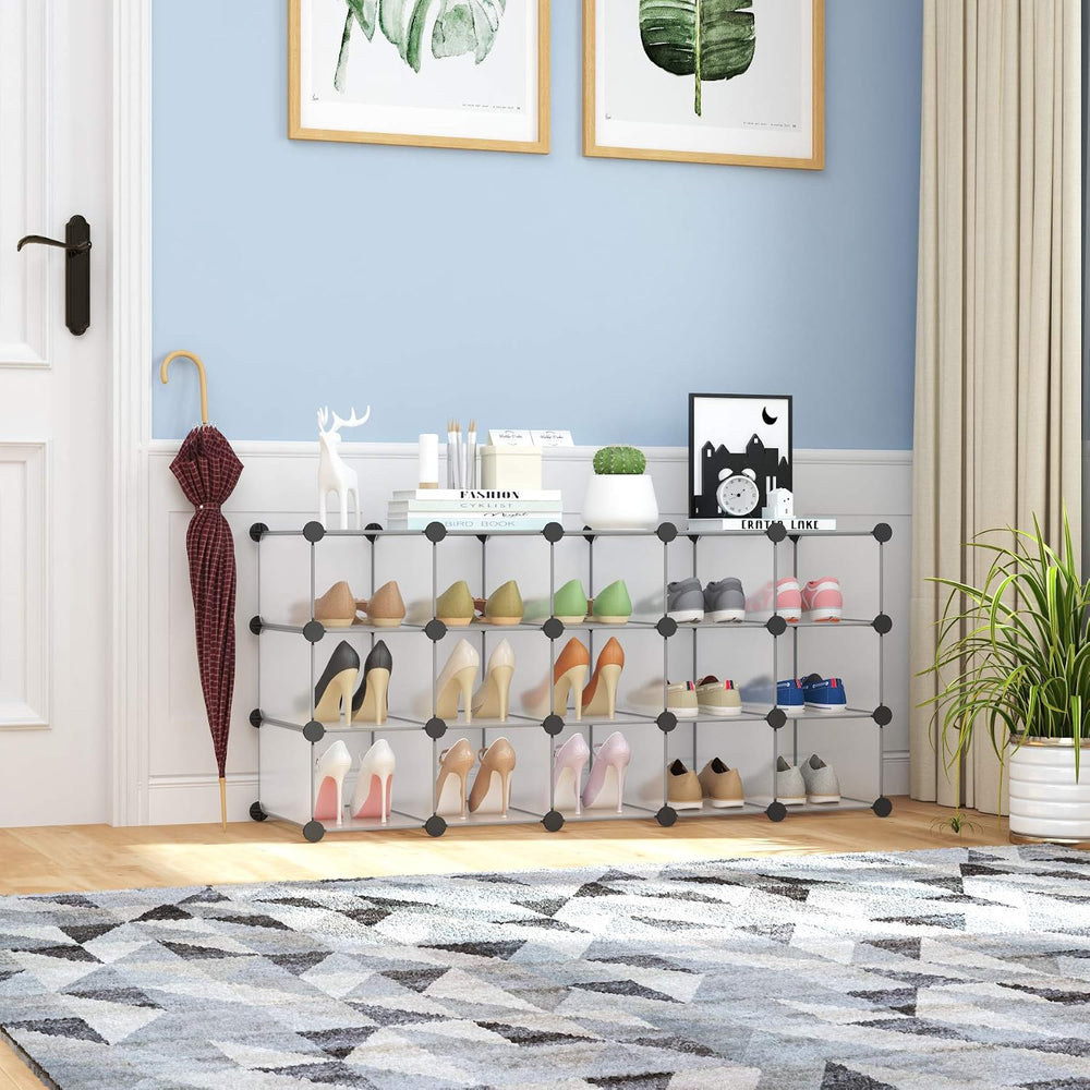 C&AHOME Plastic Shoe Rack,16-Cube Stackable Shoe Organizer Units, White