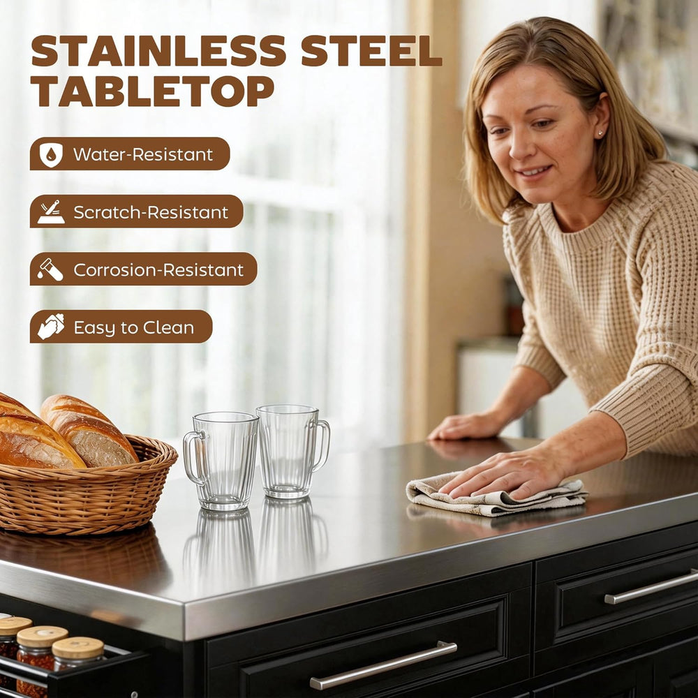 HOMCOM Rolling Kitchen Island Cart with 47" Stainless Steel Top Black