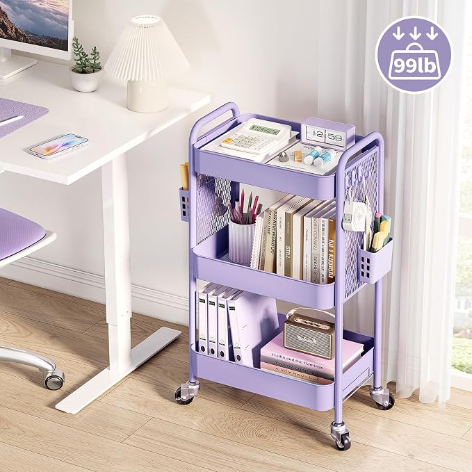 TOOLF 3 Tier Rolling Cart Storage Organizer, Metal Rolling Utility Cart