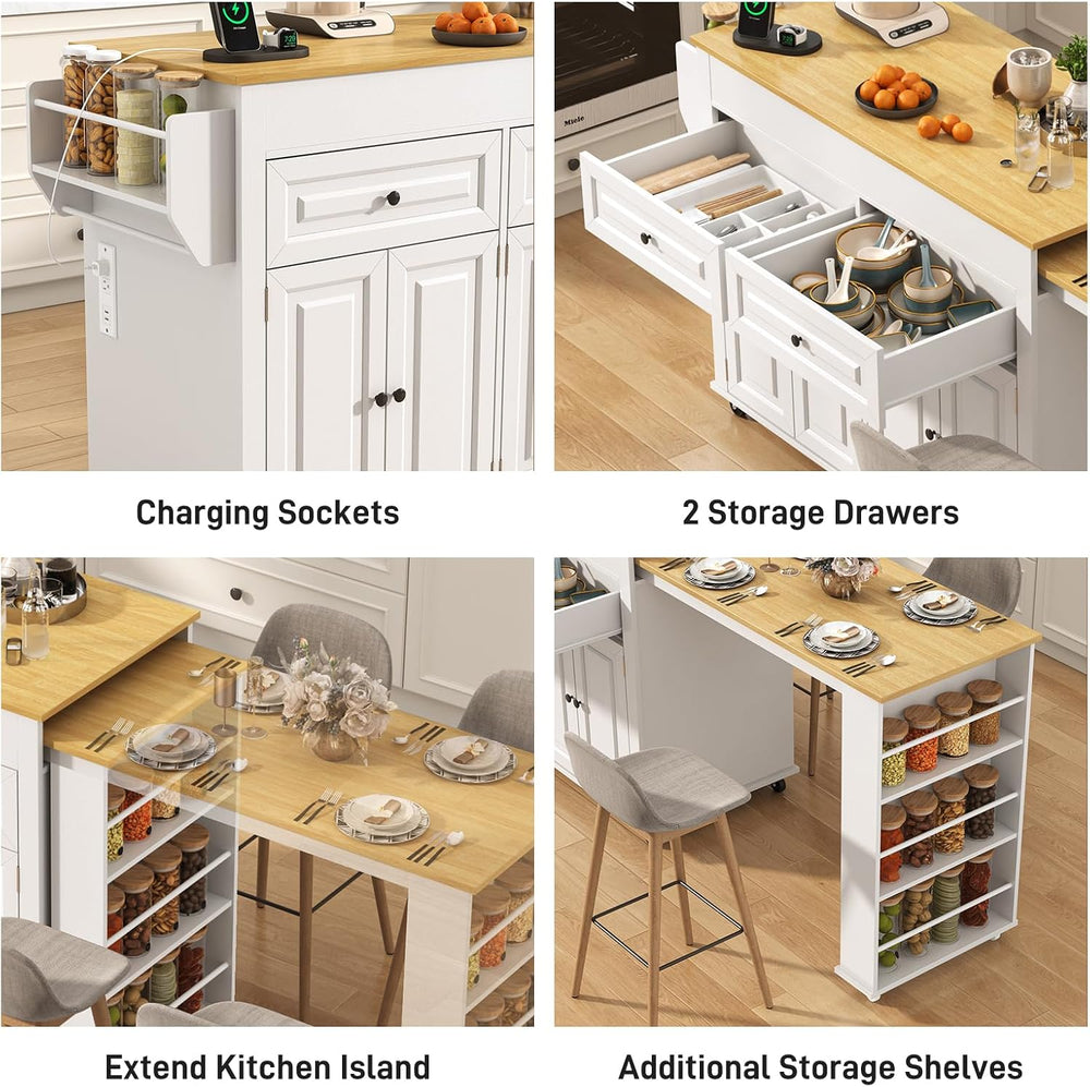 80"-48" Extendable Kitchen Island with Extended Dining Table and Po...