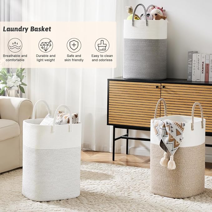 Laundry Basket, Woven Cotton Rope Laundry Hamper, Versatile Storage