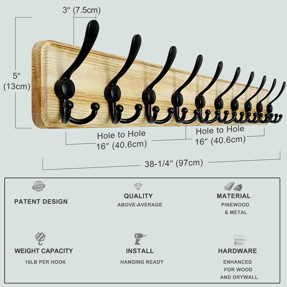 Dseap Coat Rack Wall - Heavy-Duty 38-1/4" Long, with Reinforced 10 Custo...