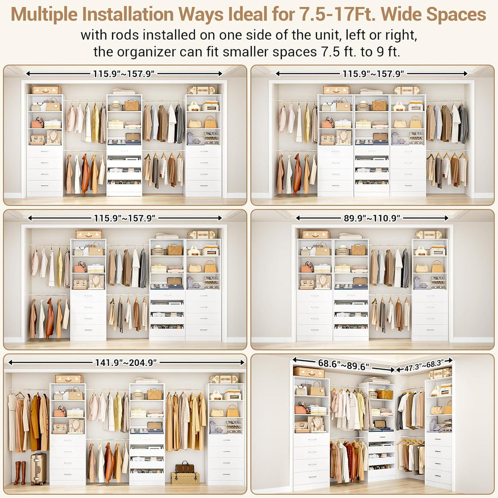 Aheaplus Closet System with 12 Drawers, 8.5-11.5Ft Closet Organizer System