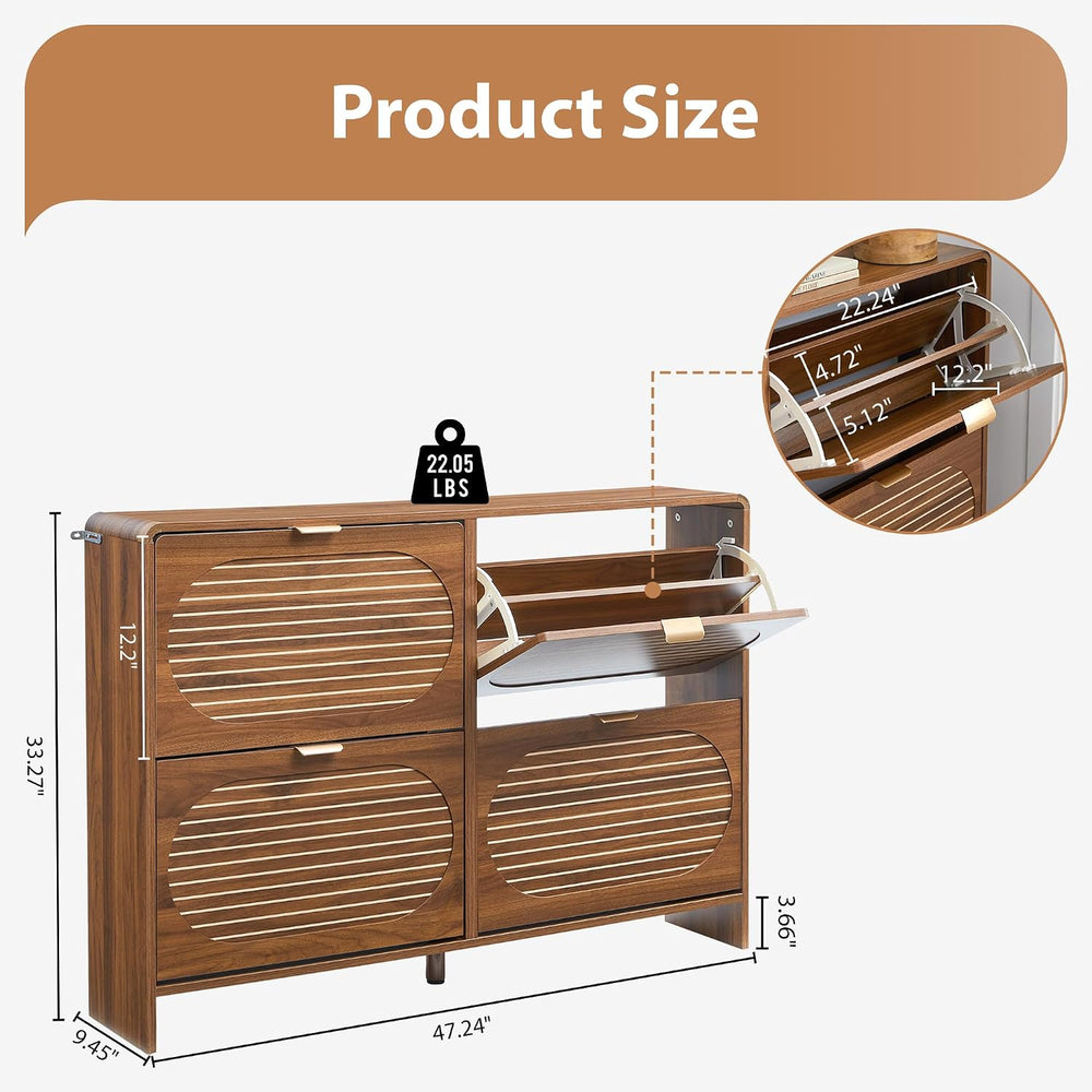 Narrow Shoe Storage Cabinet for Entryway with 4 Flip Drawers, Curved Edge Sho...