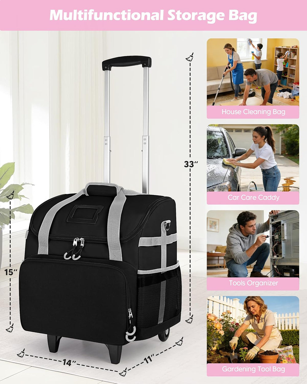 Marscamd Large Rolling Cleaning Caddy Bag with Detachable Trolley, Black