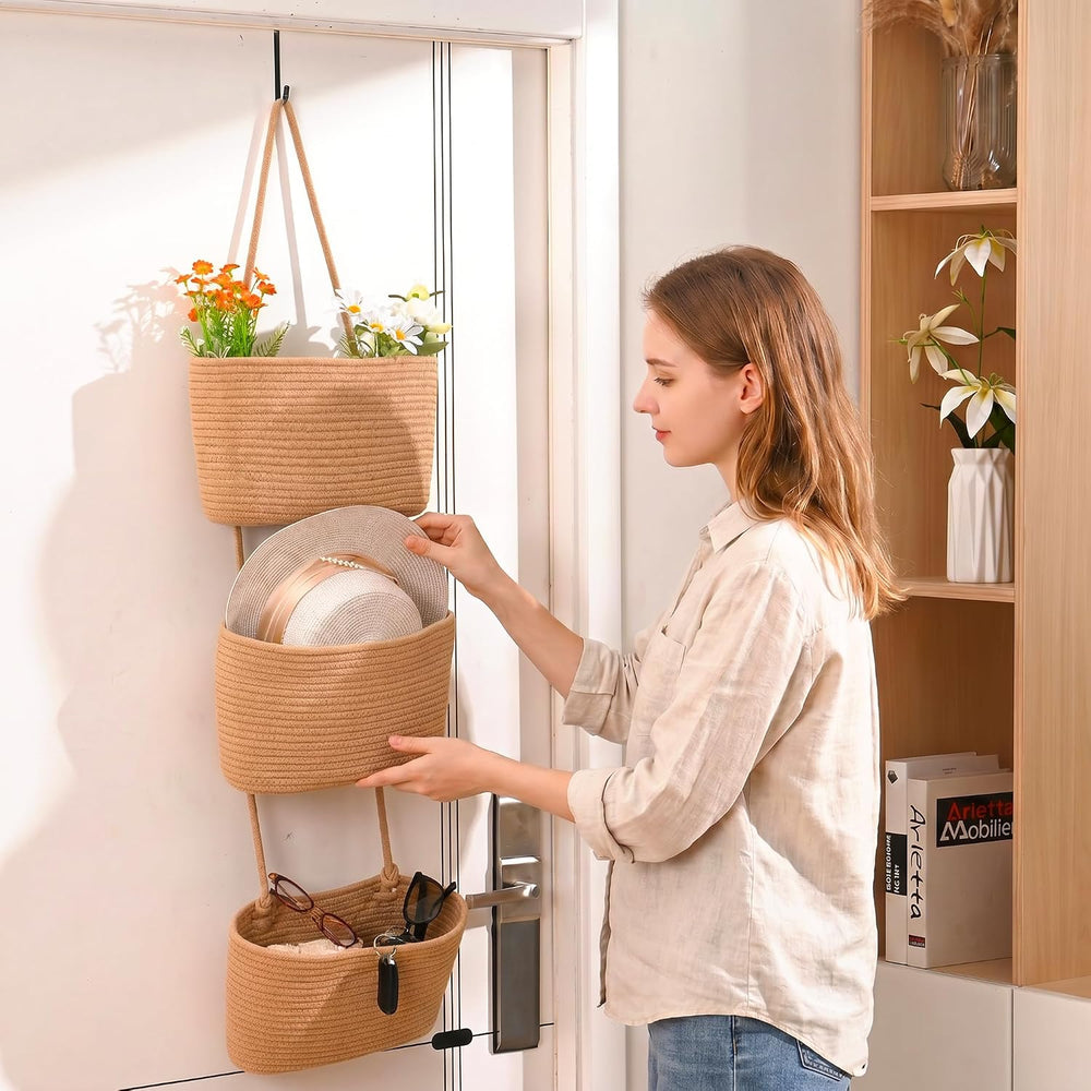 Hanging Decorative Baskets for Organizing 3-Tier Wall Basket Khaki