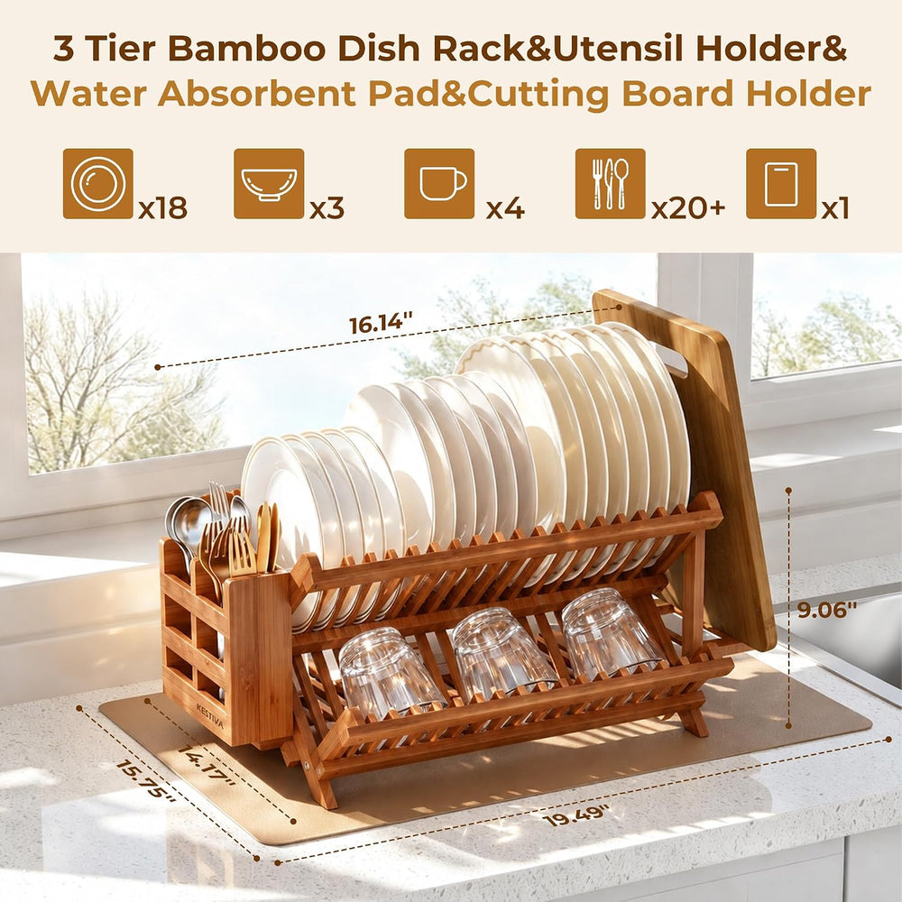 Teak Dish Drying Rack with Utensil Holder 3 Tier Dish Drainer